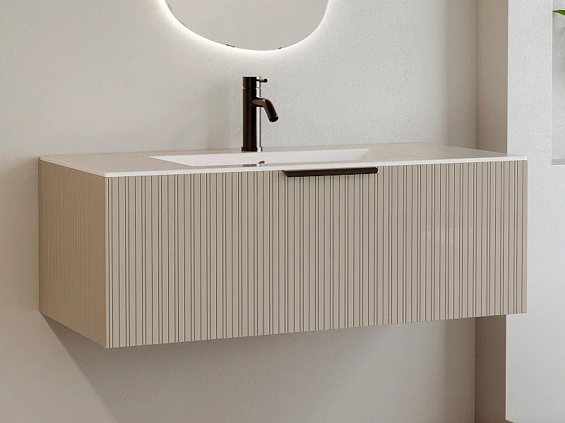 Badmöbelschrank hängend mit Rillenoptik, Einbauwaschbecken + Armatur - Beige - 100 cm - PALIRO