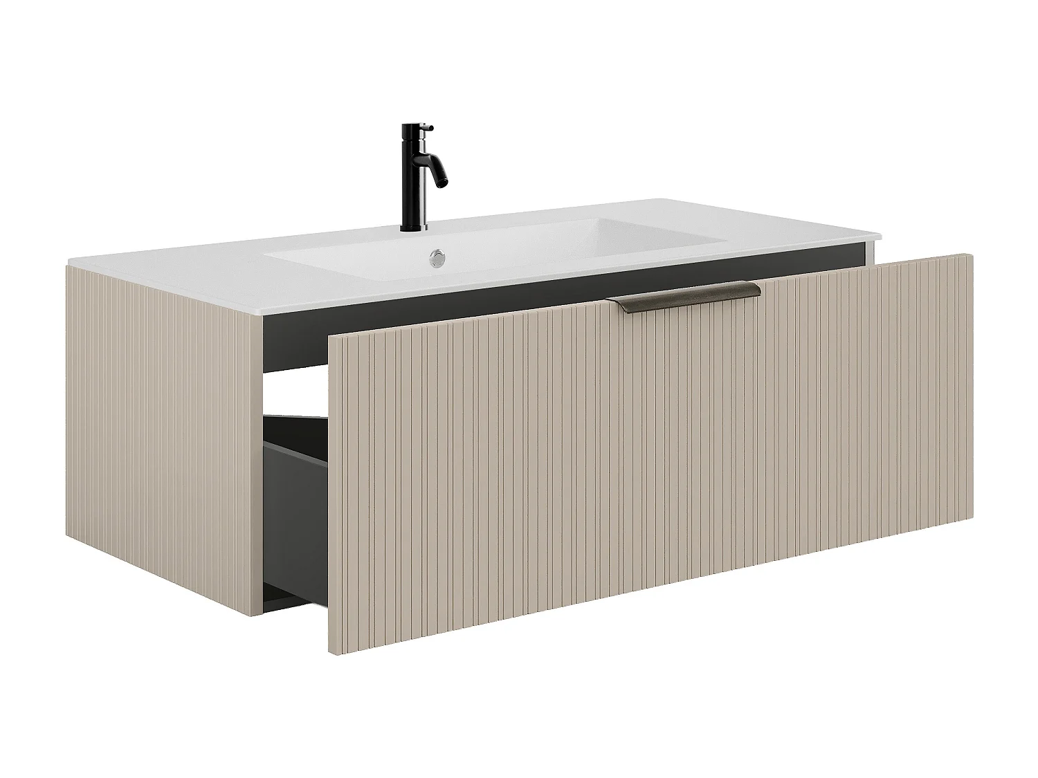 Badmöbelschrank hängend mit Rillenoptik, Einbauwaschbecken + Armatur - Beige - 100 cm - PALIRO