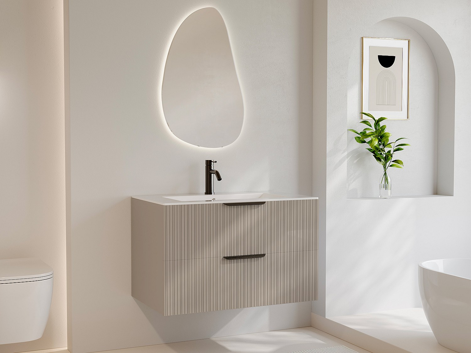 Hängeschrank mit Riffeloptik für Einbauwaschbecken + Armatur - Beige - 80 c günstig online kaufen