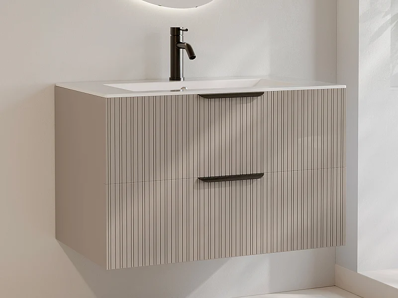 Hängeschrank mit Riffeloptik für Einbauwaschbecken + Armatur - Beige - 80 cm - DALIKO