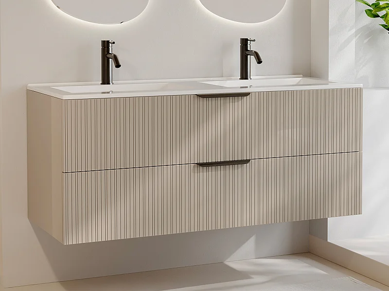 Hängeschrank mit Riffeloptik für Einbauwaschbecken + Armatur - Beige - 120 cm - DALIKO