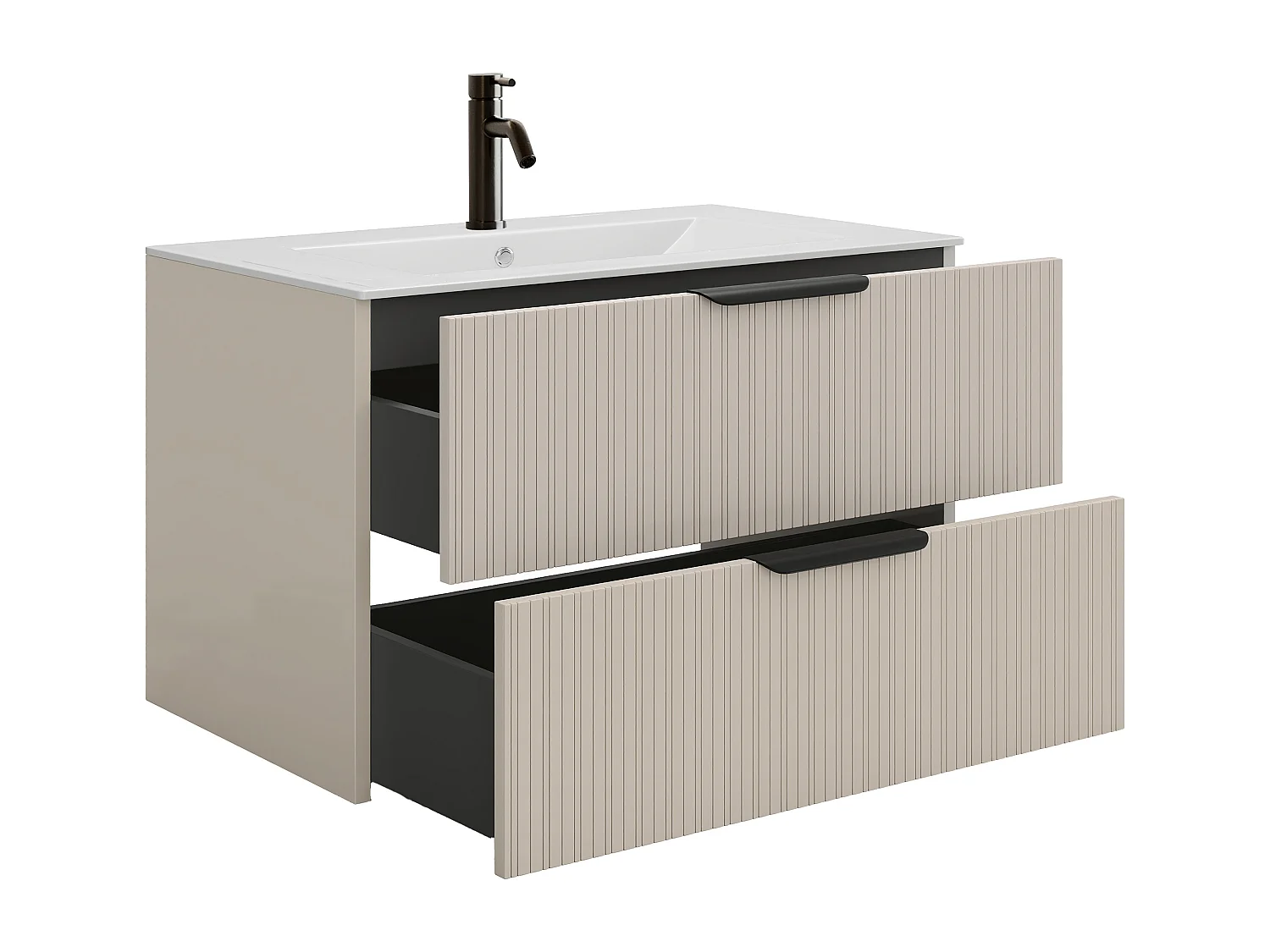 Meuble de salle de bain suspendu strié avec vasque à encastrer, colonne et robinet - Coloris beige - 80 cm - DALIKO