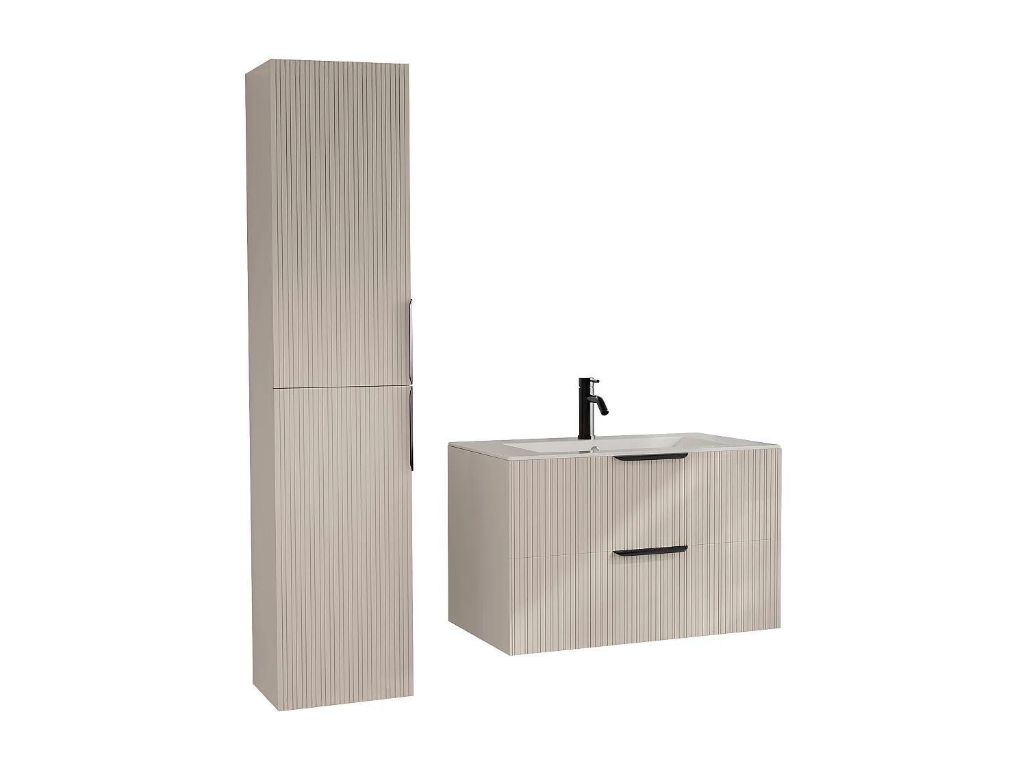 Mobile bagno sospeso con scanalature con lavabo ad incasso, colonna e rubinetto - Beige - 80 cm - DALIKO