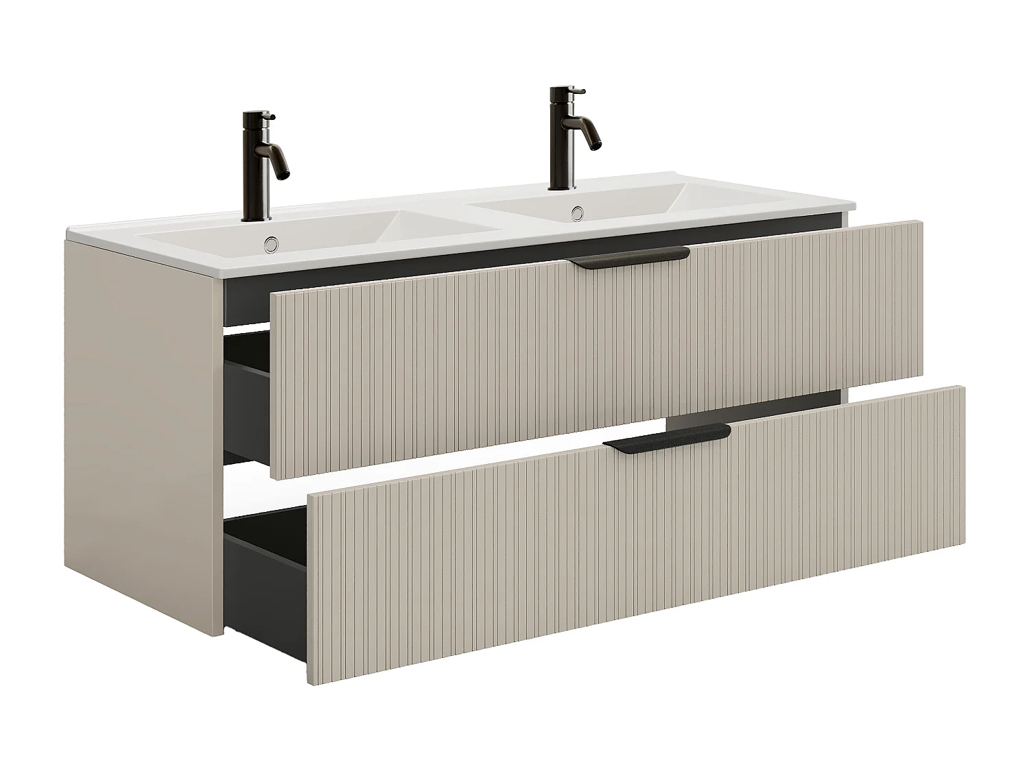 Meuble de salle de bain suspendu strié avec vasque à encastrer, colonne et robinet - Coloris beige - 120 cm - DALIKO