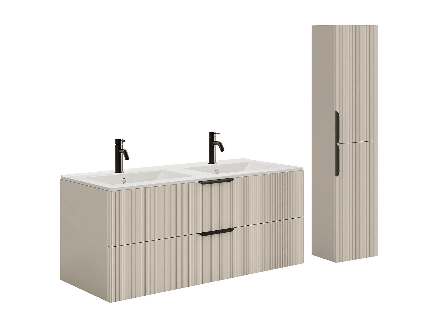Meuble de salle de bain suspendu strié avec vasque à encastrer, colonne et robinet - Coloris beige - 120 cm - DALIKO