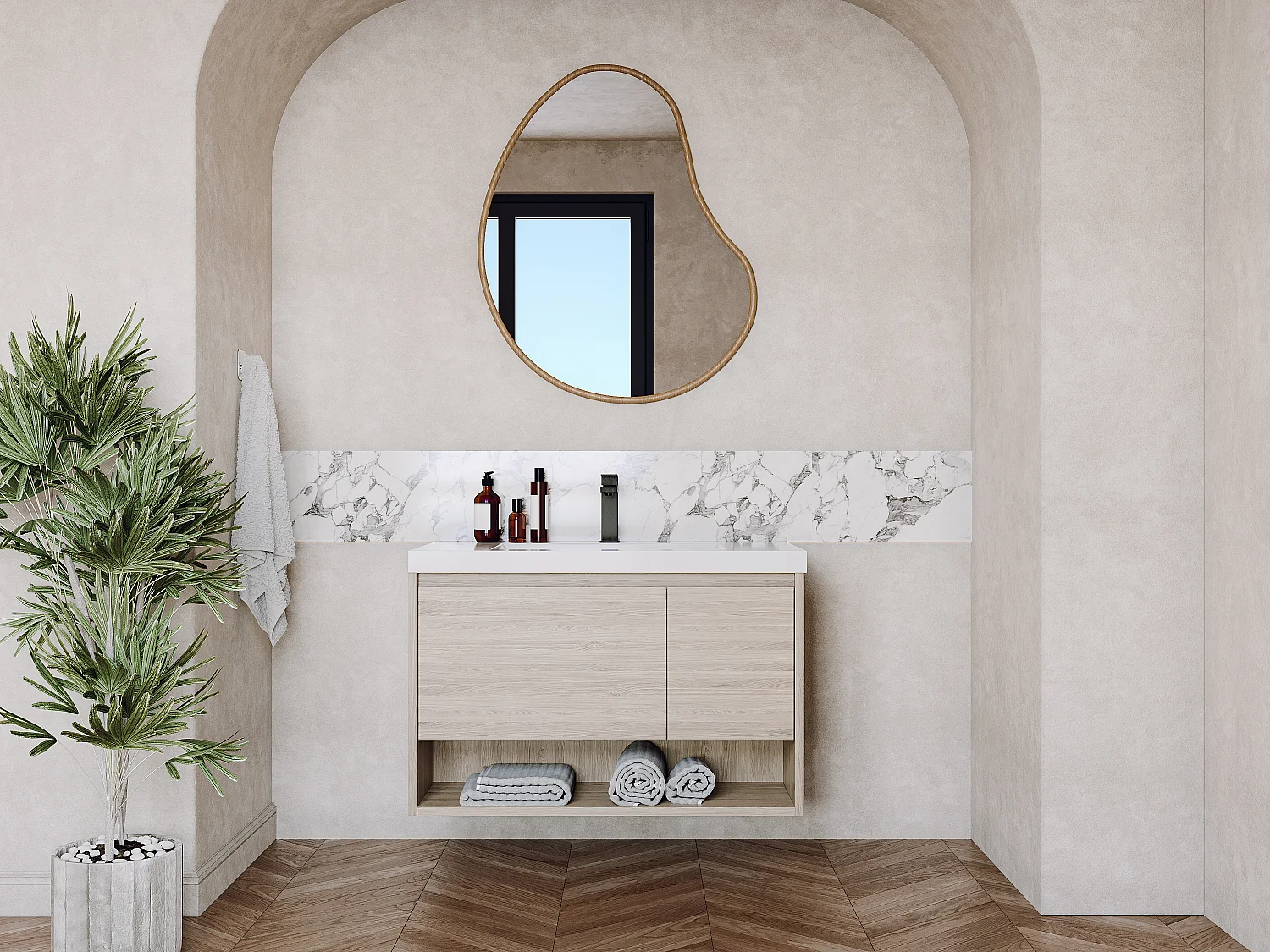 Meuble de salle de bain suspendu simple vasque coloris naturel clair avec robinet - 90 cm - PUJUKA