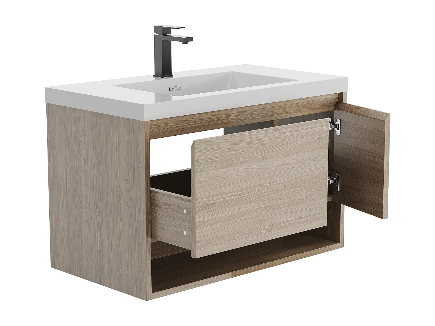 Meuble de salle de bain suspendu simple vasque coloris naturel clair avec robinet - 90 cm - PUJUKA