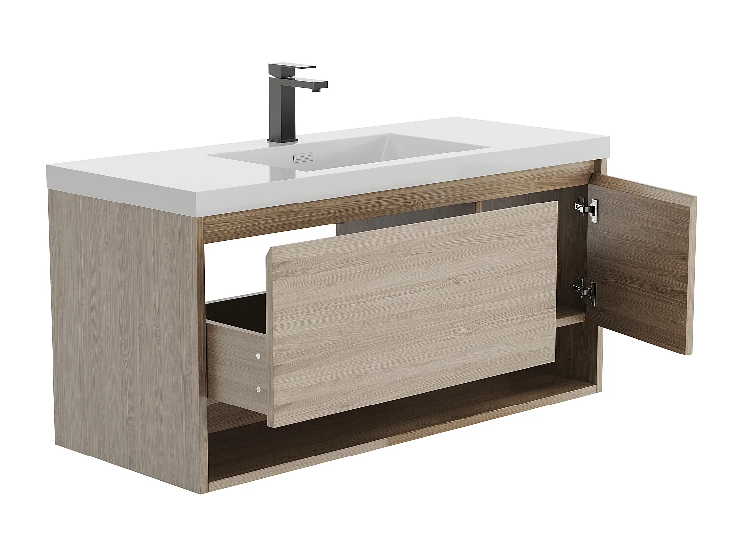 Meuble de salle de bain suspendu simple vasque coloris naturel clair avec robinet - 120 cm - PUJUKA