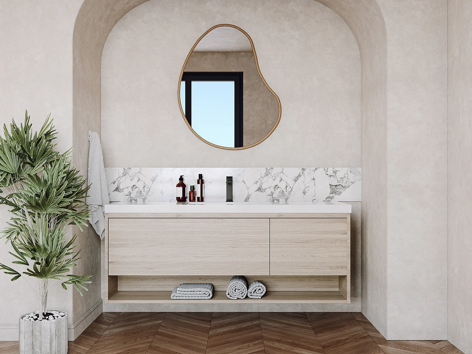 Mobile per bagno sospeso lavabo singolo 150 cm Naturale chiaro con rubinetto - PUJUKA
