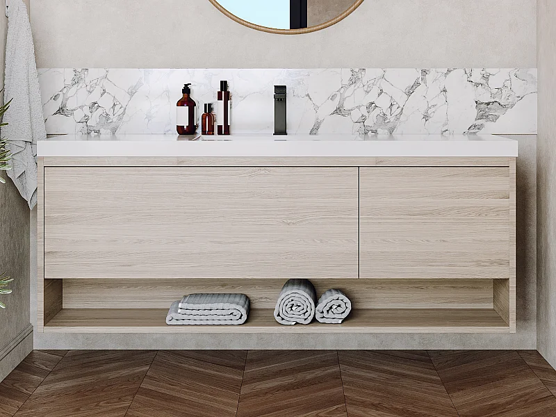 Mobile per bagno sospeso lavabo singolo 150 cm Naturale chiaro con rubinetto - PUJUKA