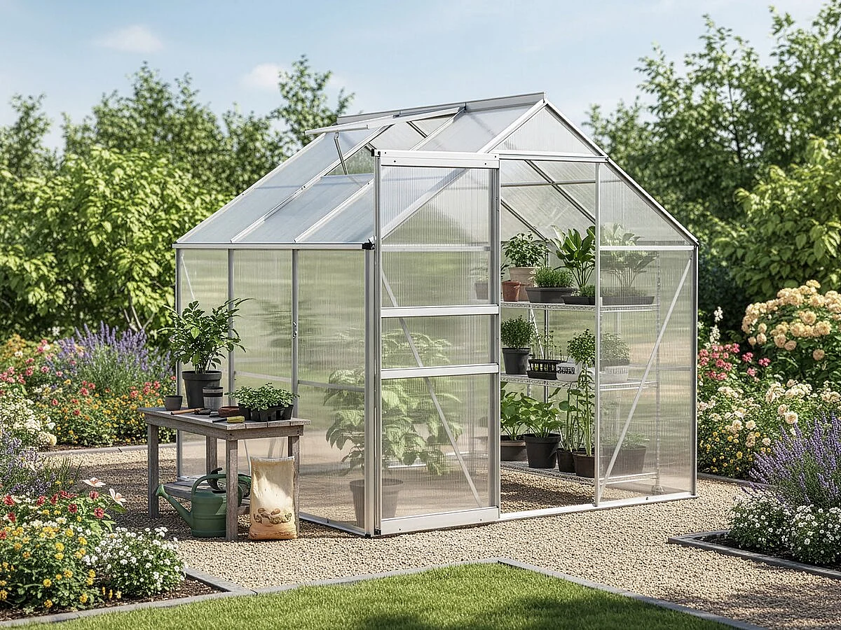 Serre jardin polycarbonate 190 x 190 x 195 cm "Basilic" - 3,61 m² - Gris