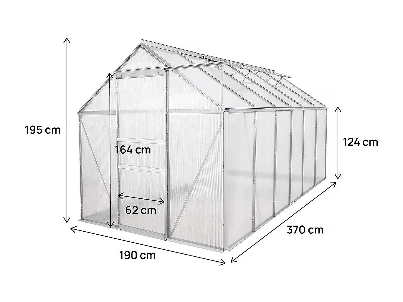 Serre jardin polycarbonate 370 x 190 x 195 cm "Basilic" - 7,03 m² - Gris