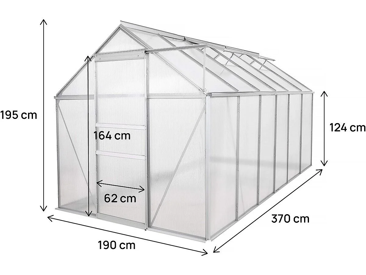 Serre jardin polycarbonate 370 x 190 x 195 cm "Basilic" - 7,03 m² - Gris