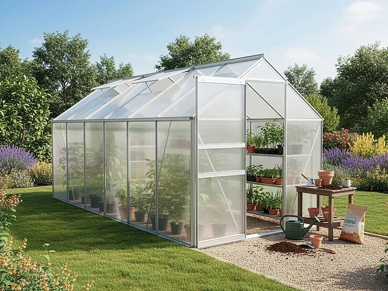 Serre jardin polycarbonate 370 x 190 x 195 cm "Basilic" - 7,03 m² - Gris