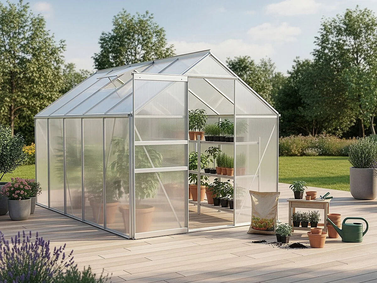 Serre jardin polycarbonate 310 x 190 x 195 cm "Basilic" - 5,89 m² - Gris