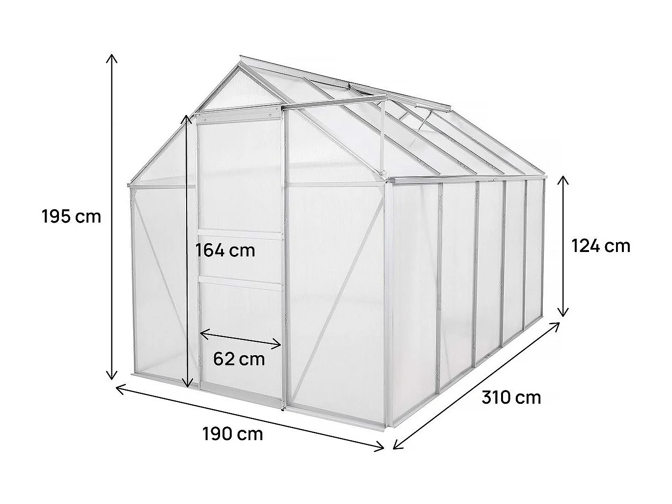 Serre jardin polycarbonate 310 x 190 x 195 cm "Basilic" - 5,89 m² - Gris