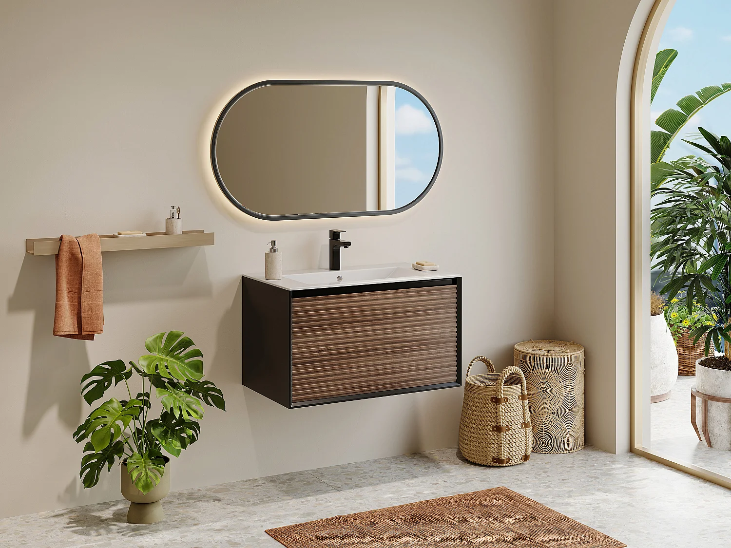 Meuble de salle de bain suspendu strié avec vasque à encastrer et robinet - Coloris naturel foncé et noir - 80 cm - BANIVA