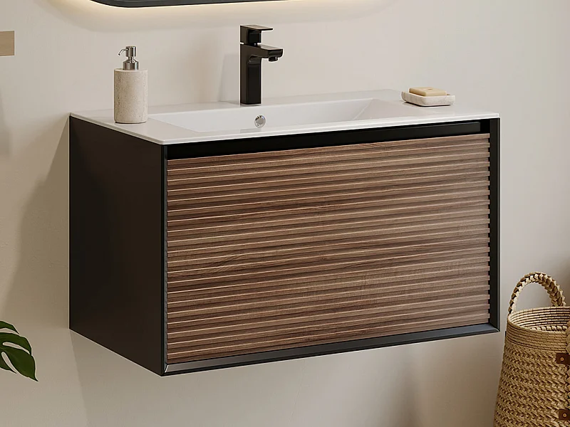 Meuble de salle de bain suspendu strié avec vasque à encastrer et robinet - Coloris naturel foncé et noir - 80 cm - BANIVA