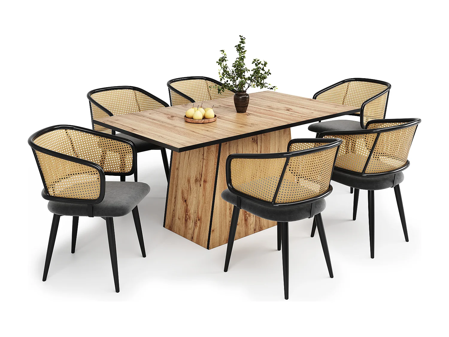 Juego de 6 sillas con respaldo de ratán, patas metálicas y tapizadas en terciopelo gris.