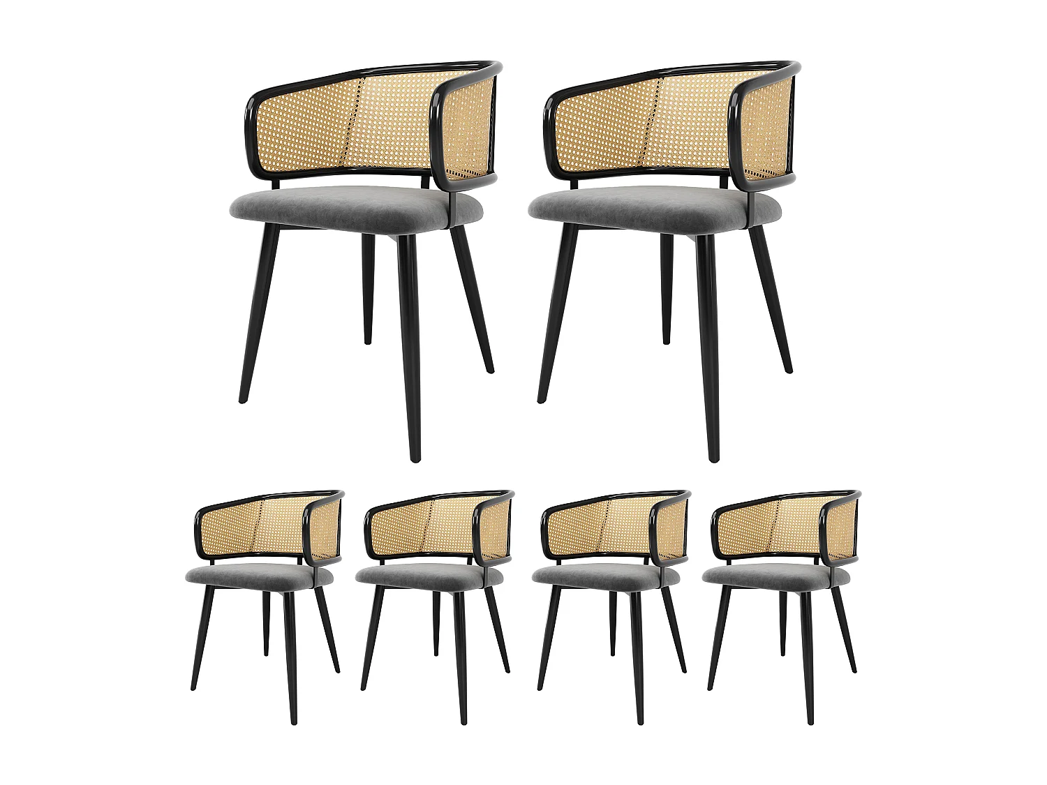 Juego de 6 sillas con respaldo de ratán, patas metálicas y tapizadas en terciopelo gris.