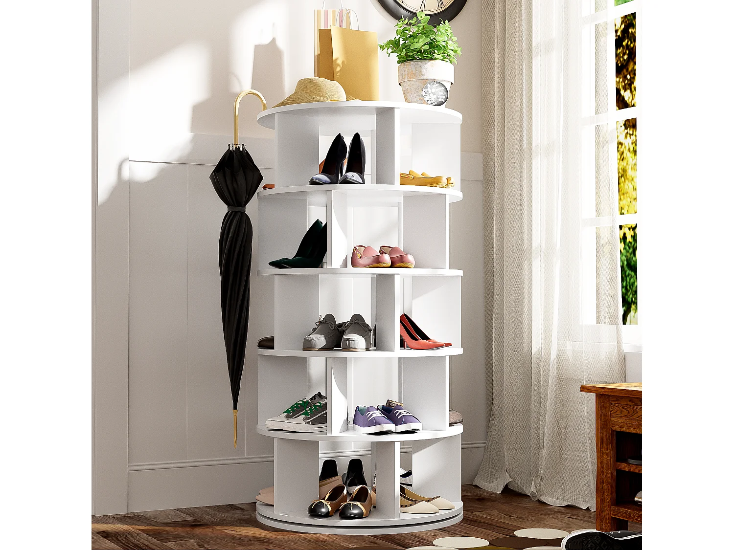 Meuble à chaussures pivotant avec 5 niveaux - Bois blanche ronde