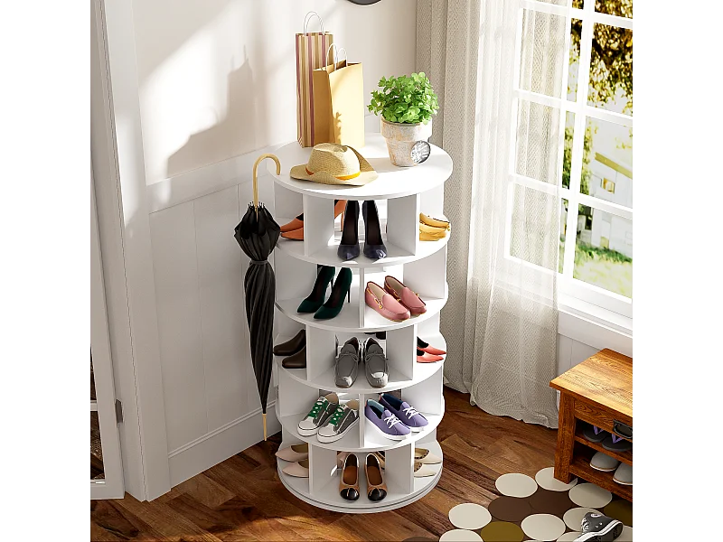 Meuble à chaussures pivotant avec 5 niveaux - Bois blanche ronde