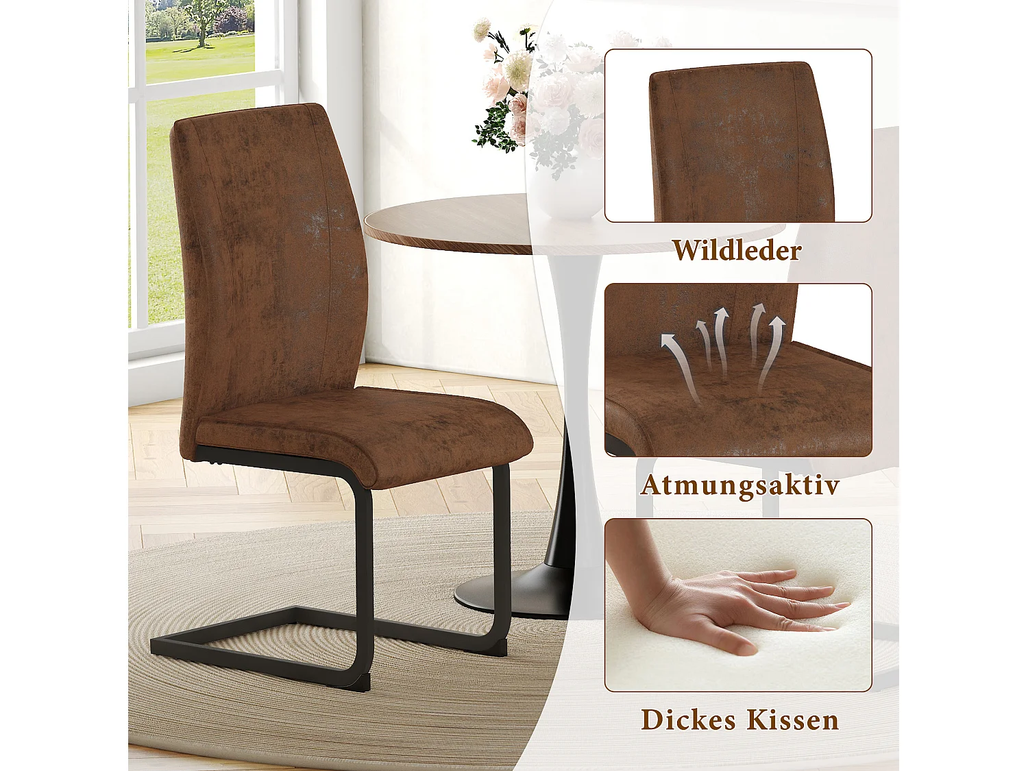 Juego de 2 sillas voladizas en color marrón con estructura metálica negra.