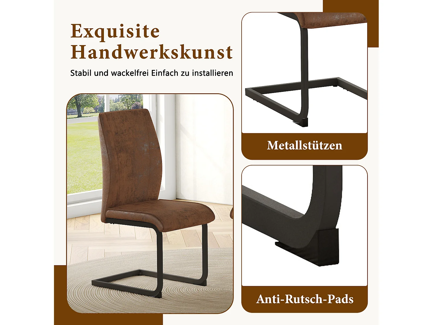 Juego de 2 sillas voladizas en color marrón con estructura metálica negra.