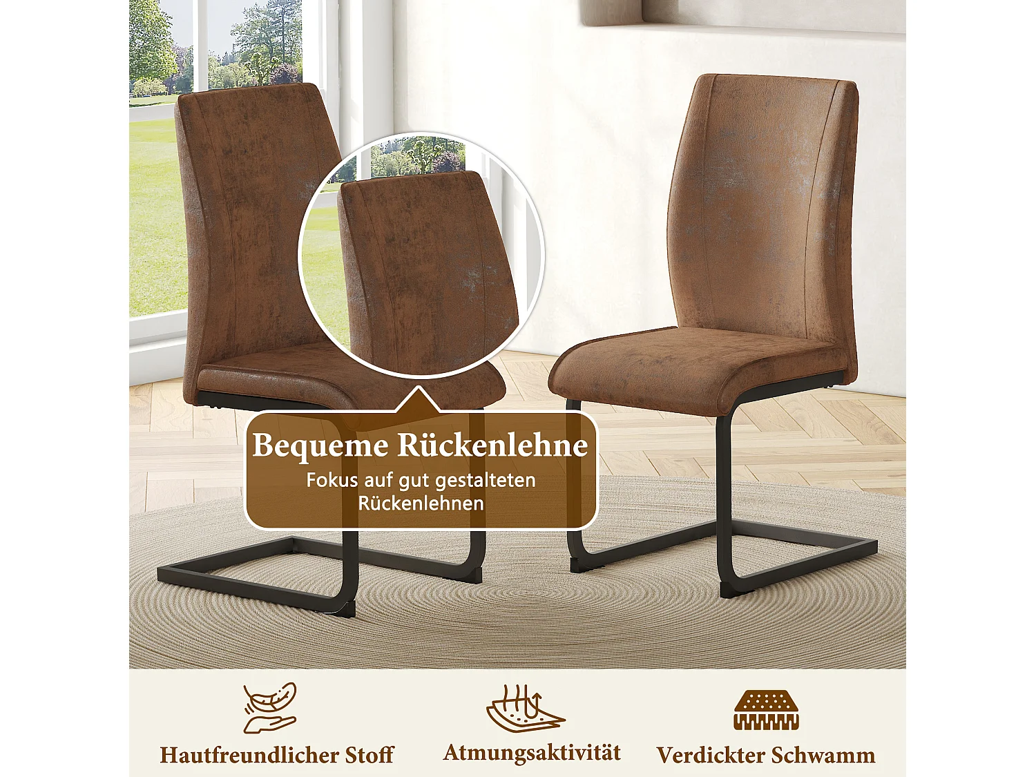 Juego de 2 sillas voladizas en color marrón con estructura metálica negra.