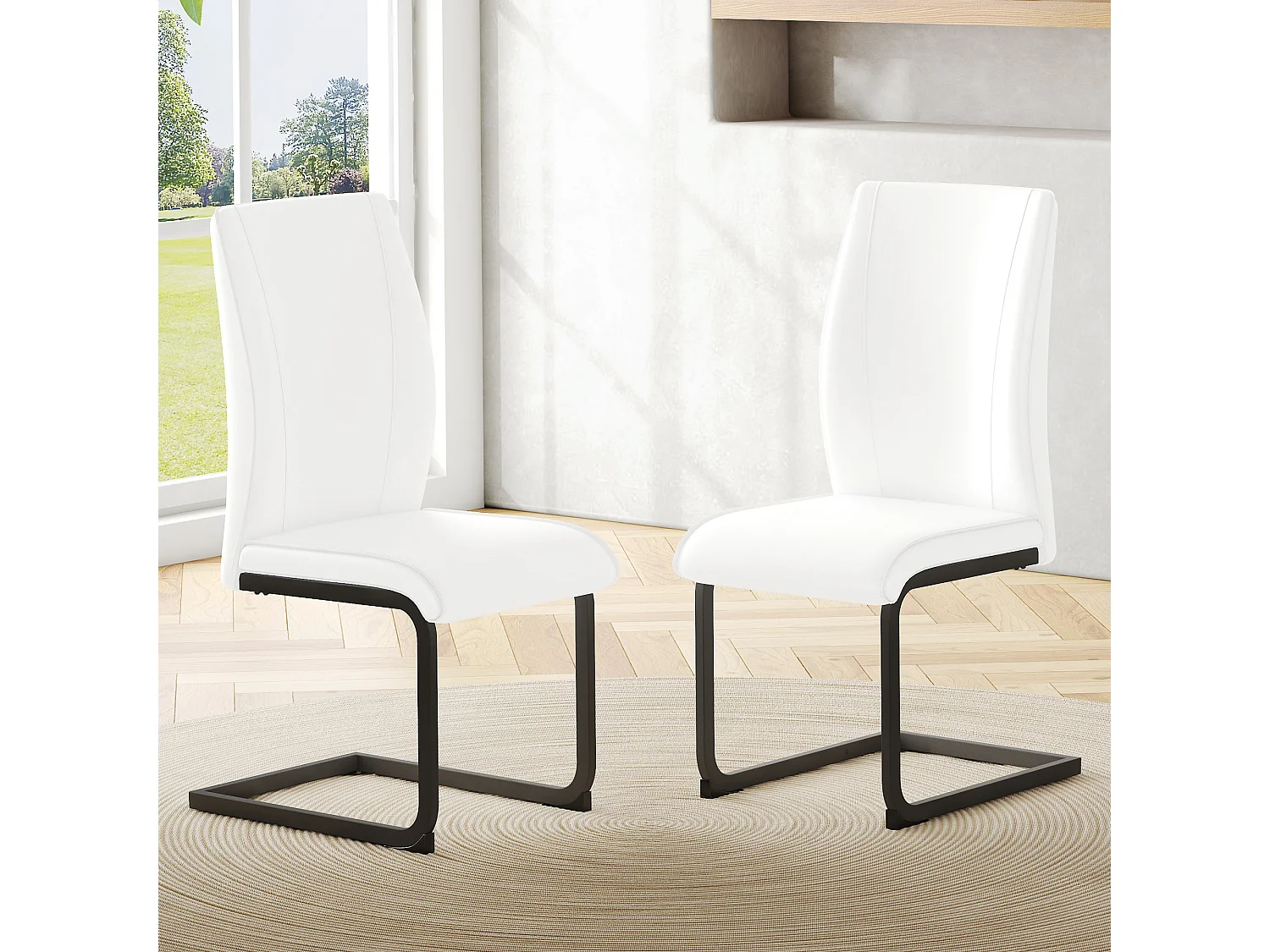 Lot de 2 chaises cantilever en simili cuir blanc - cadre en métal noir