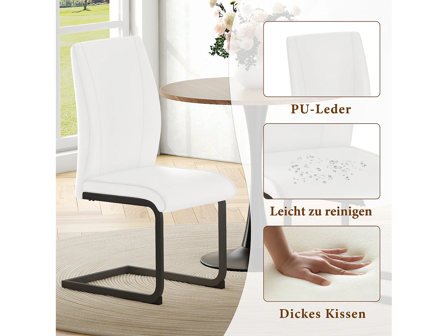 Lot de 2 chaises cantilever en simili cuir blanc - cadre en métal noir