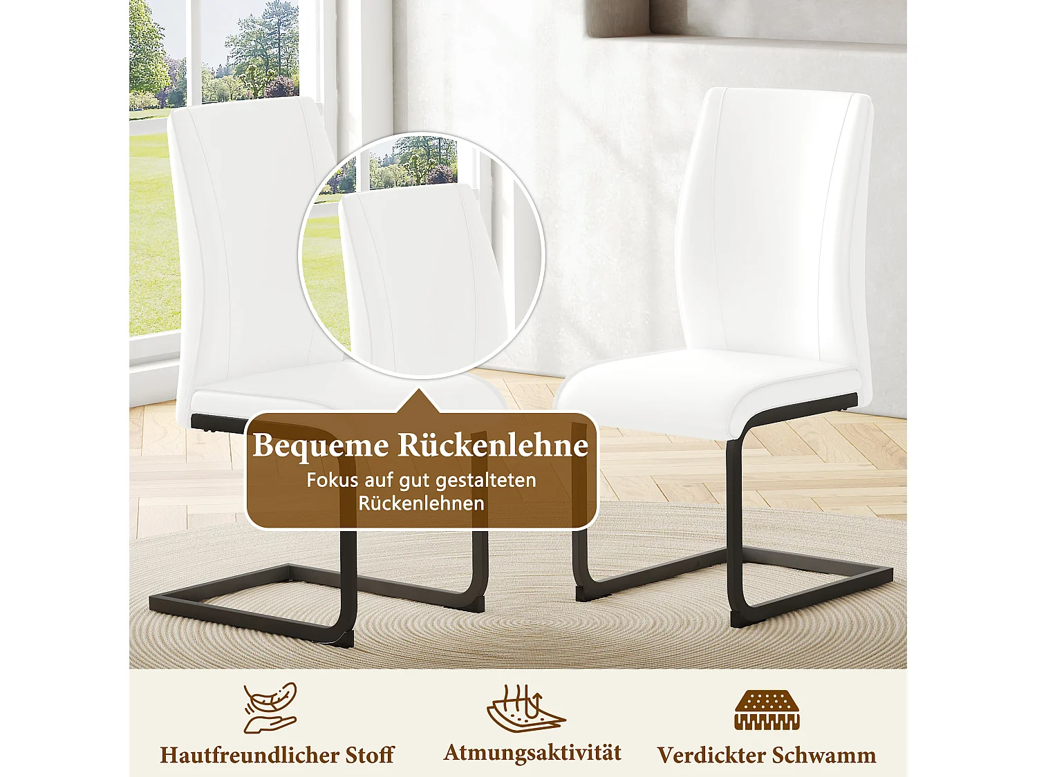 Lot de 2 chaises cantilever en simili cuir blanc - cadre en métal noir