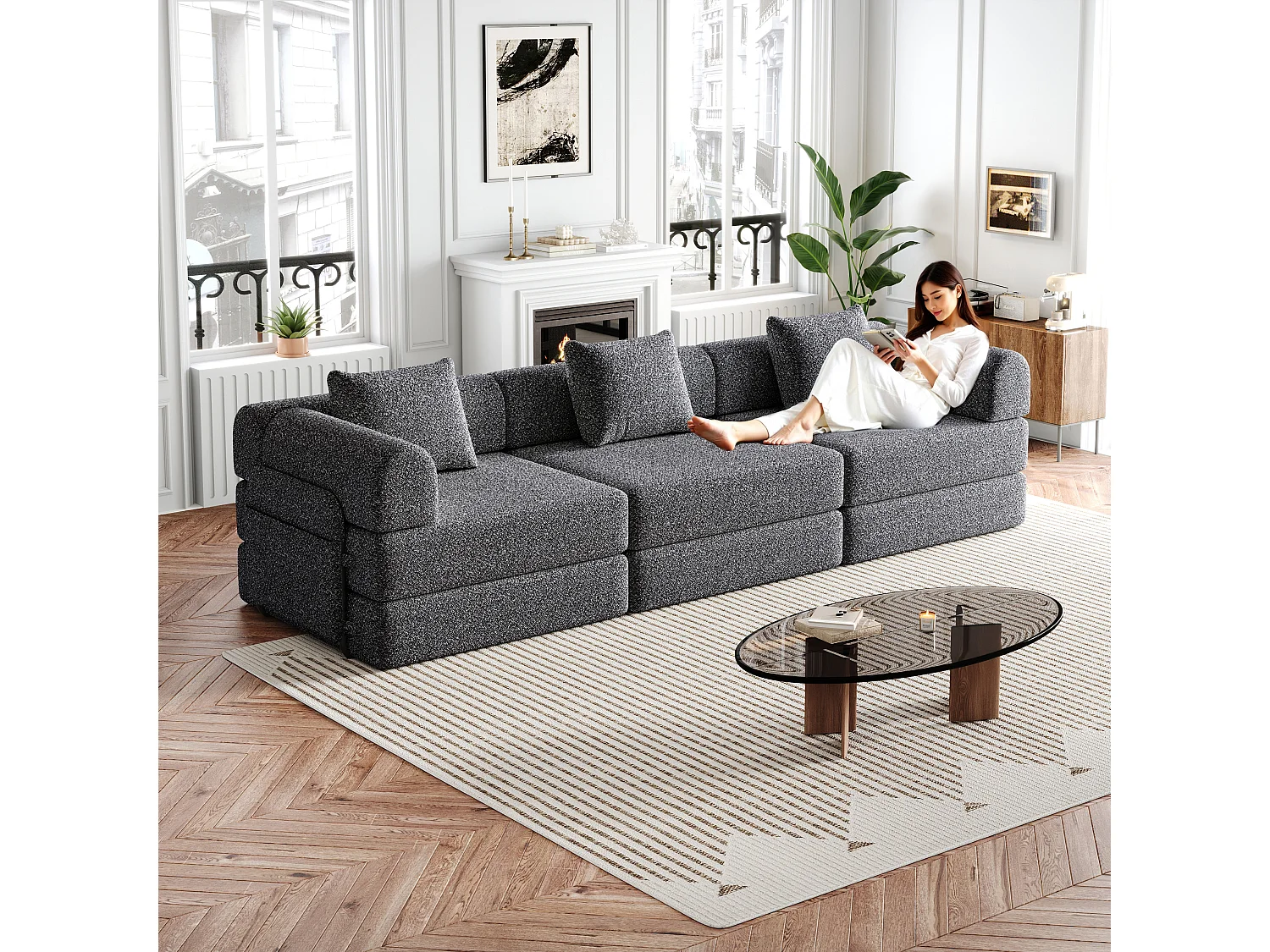 Canapé 3 places convertible express en tissu chenille gris -Combinaisons multiples