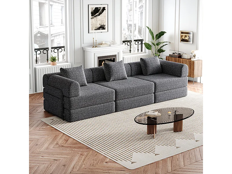 Canapé 3 places convertible express en tissu chenille gris -Combinaisons multiples