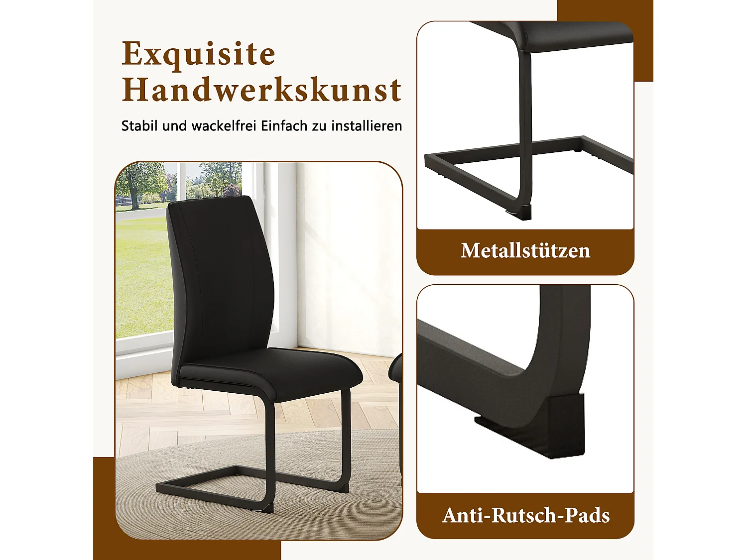 Lot de 2 chaises cantilever en simili cuir noir - cadre en métal noir