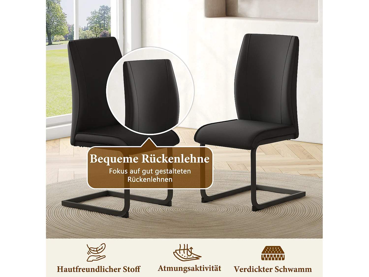 Lot de 2 chaises cantilever en simili cuir noir - cadre en métal noir
