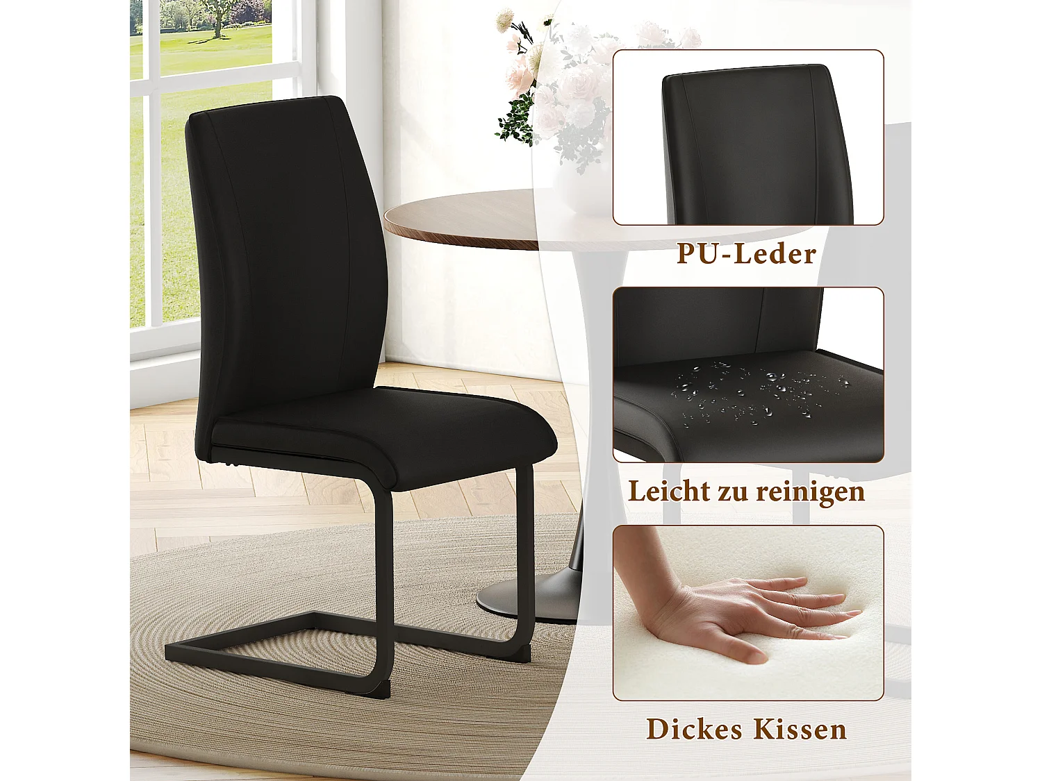 Lot de 2 chaises cantilever en simili cuir noir - cadre en métal noir