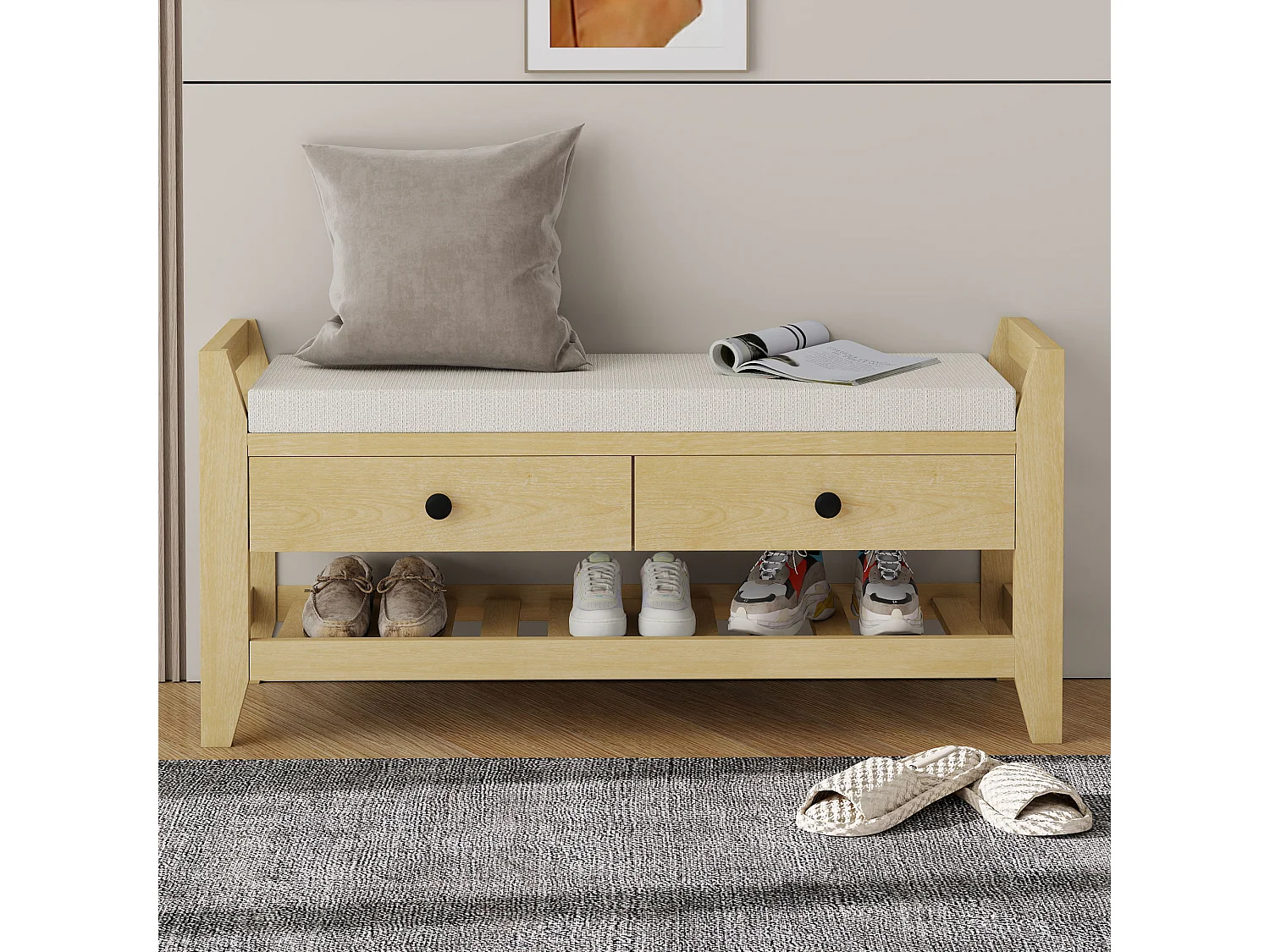 Meuble à chaussures avec 2 tiroirs et coussin - Bois MDF- Couleur naturel