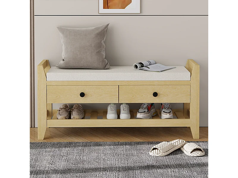 Meuble à chaussures avec 2 tiroirs et coussin - Bois MDF- Couleur naturel