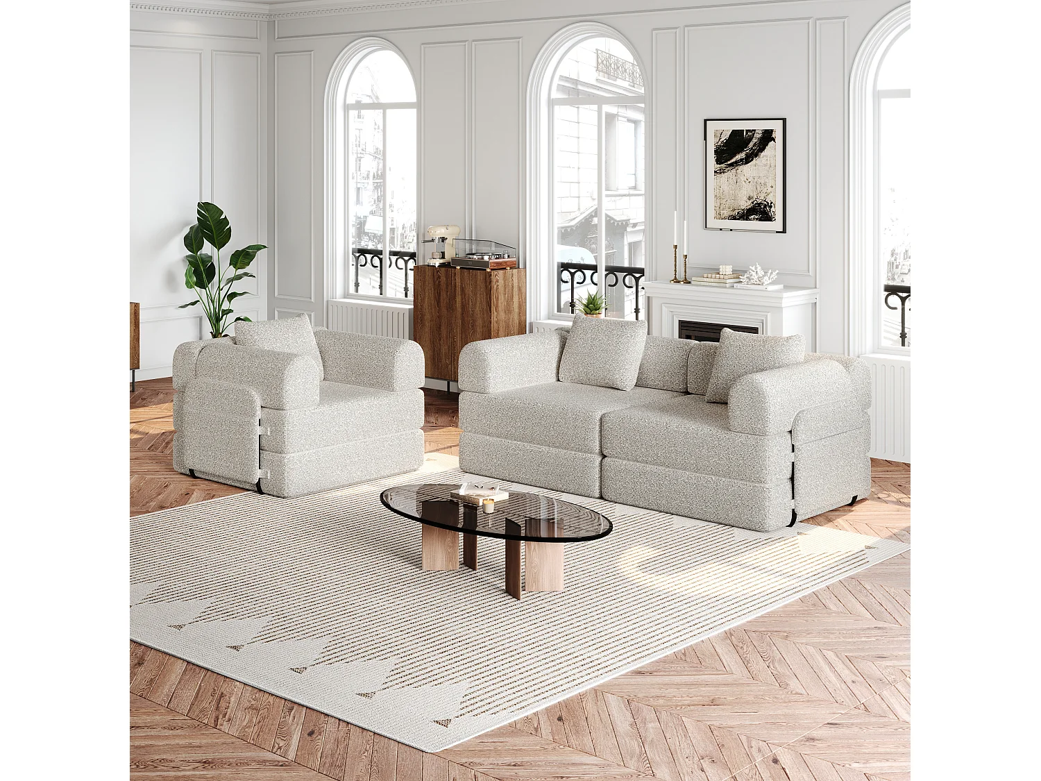 Canapé 3 places convertible express en tissu chenille kaki -Combinaisons multiples