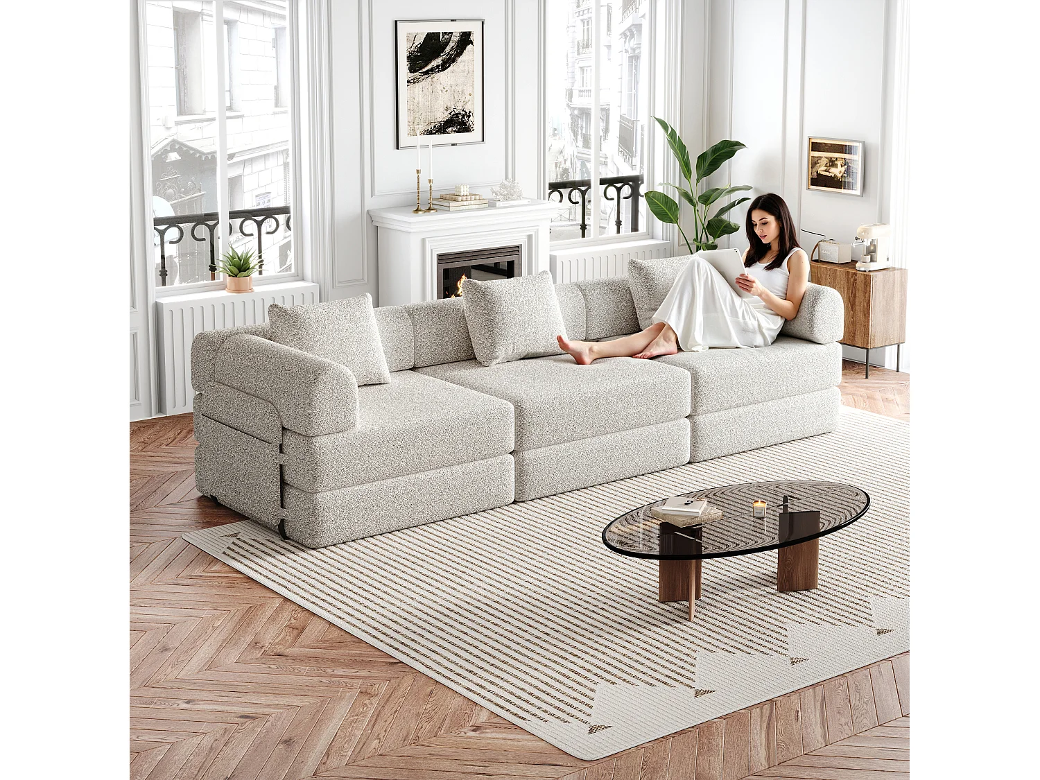 Canapé 3 places convertible express en tissu chenille kaki -Combinaisons multiples