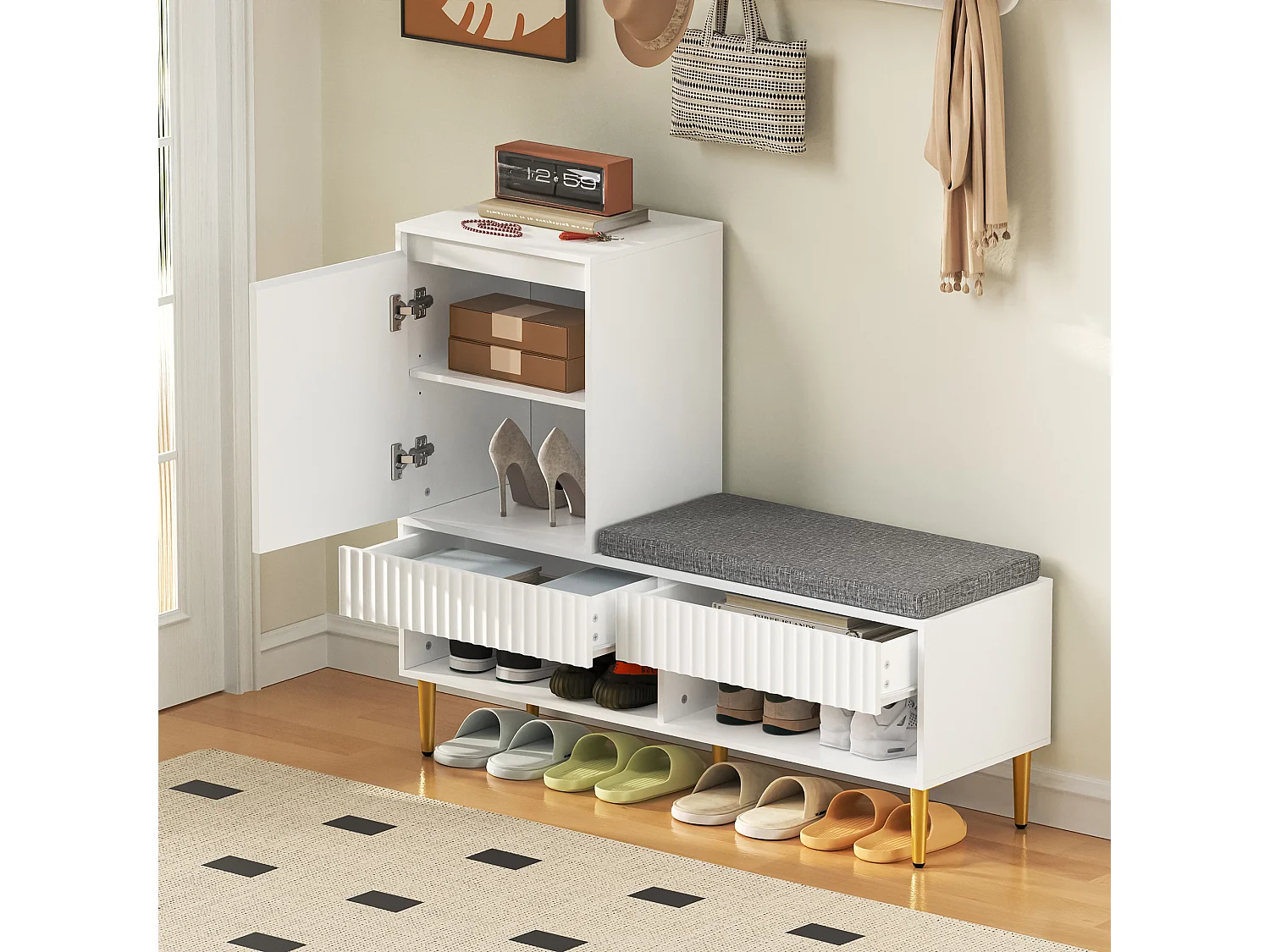 Meuble chaussures avec porte , 2 tiroirs et banc rembourré - Pieds de dorés - Blanc