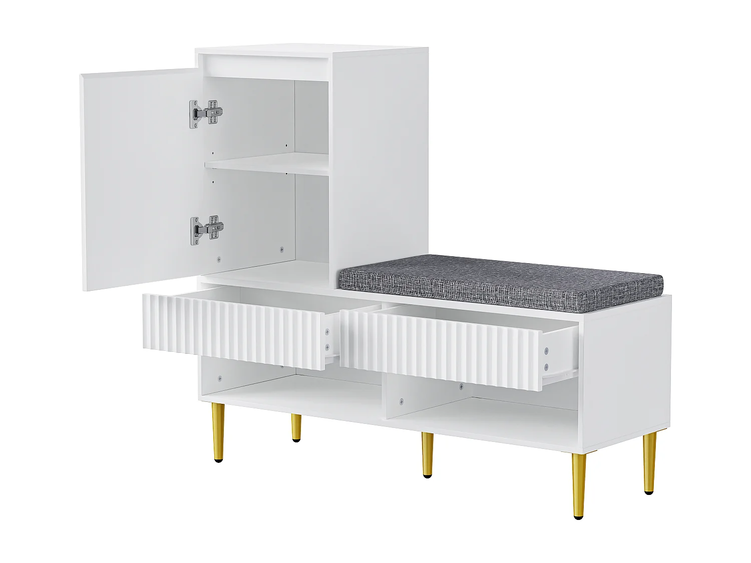 Meuble chaussures avec porte , 2 tiroirs et banc rembourré - Pieds de dorés - Blanc