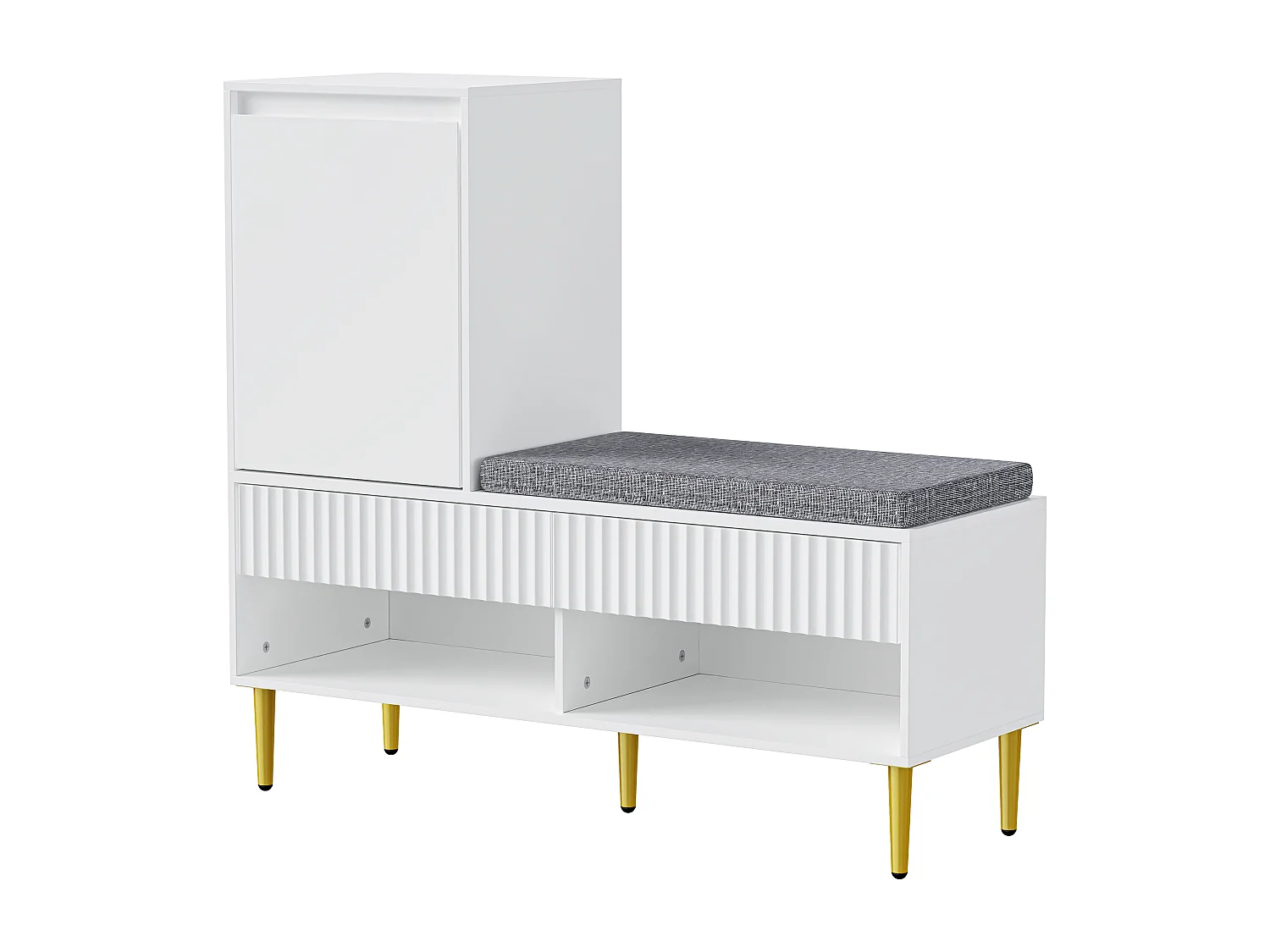 Meuble chaussures avec porte , 2 tiroirs et banc rembourré - Pieds de dorés - Blanc