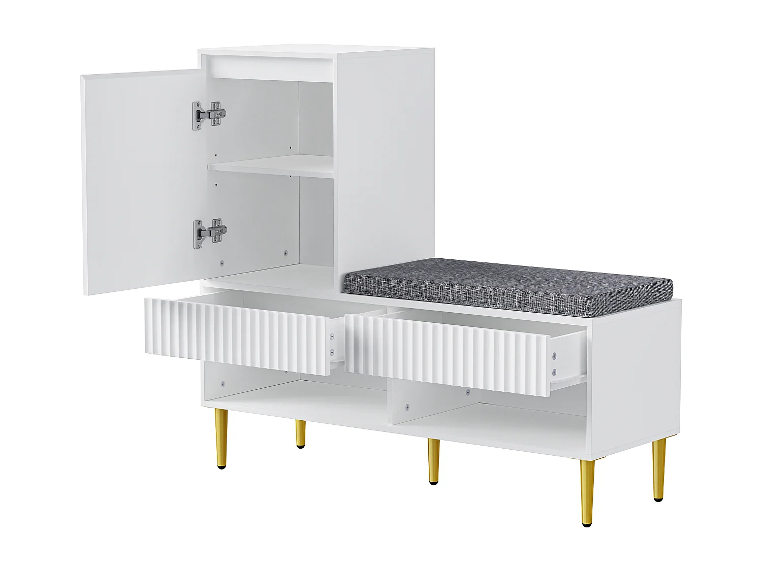 Meuble chaussures avec porte , 2 tiroirs et banc rembourré - Pieds de dorés - Blanc