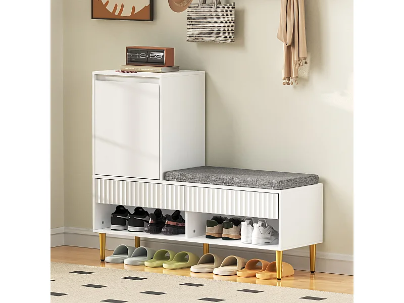 Meuble chaussures avec porte , 2 tiroirs et banc rembourré - Pieds de dorés - Blanc