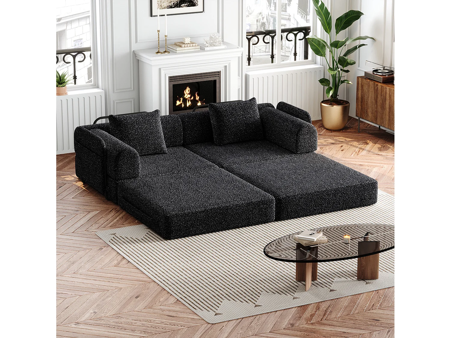 Canapé 2 places convertible express en tissu chenille noir -Combinaisons multiples