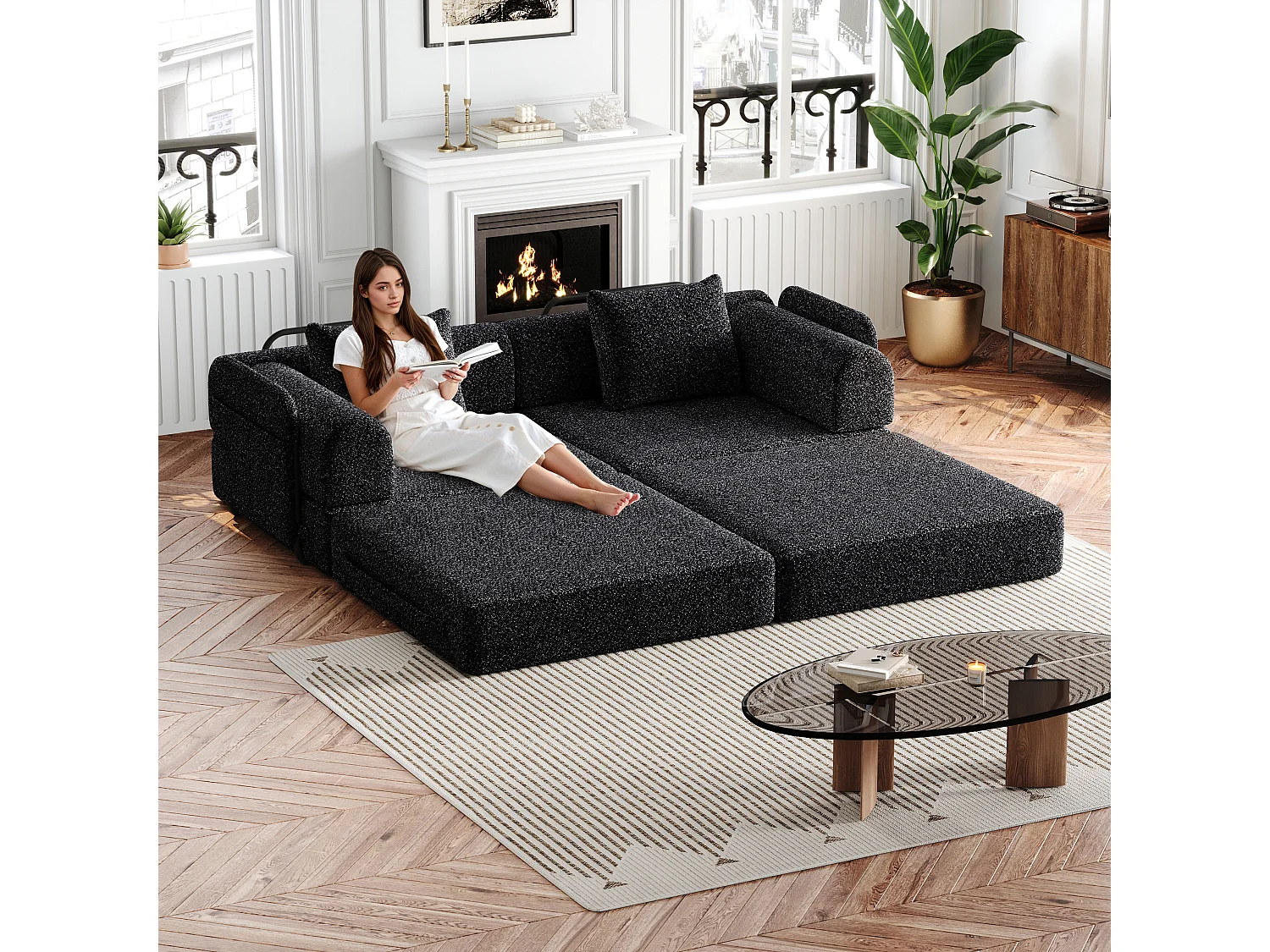 Canapé 2 places convertible express en tissu chenille noir -Combinaisons multiples
