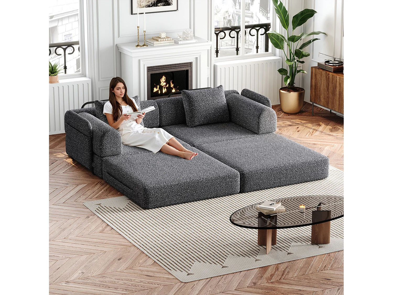 Canapé 2 places convertible express en tissu chenille gris -Combinaisons multiples