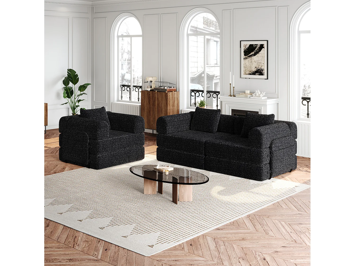 Canapé 3 places convertible express en tissu chenille noir -Combinaisons multiples